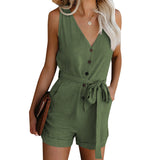 Damen Ärmelloser Knopf Playsuit – Sommer Jumpsuit Mit Gürtel in Olivgrün