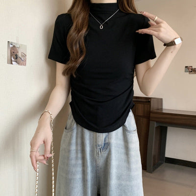 Femme Hoher Hals Enganliegend Kurzarmtop mit Seitlichem Raffung Detail Heidi-Mode