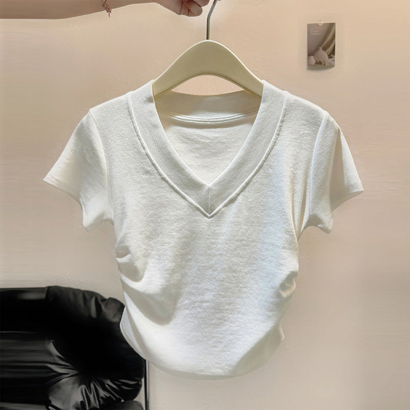 Femme Kurzarm Raffung V-Ausschnitt Oberteil Heidi-Mode