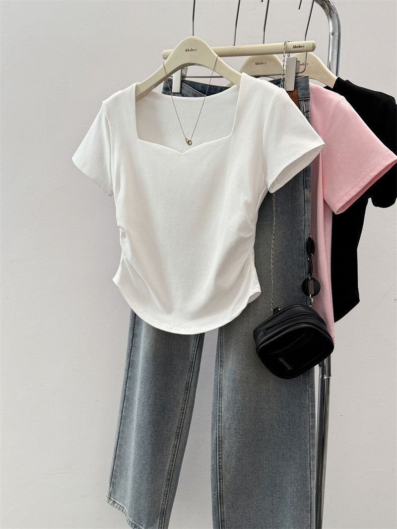 Damen Kurzarm Quadrat-Ausschnitt Raffung T-Shirt Heidi-Mode