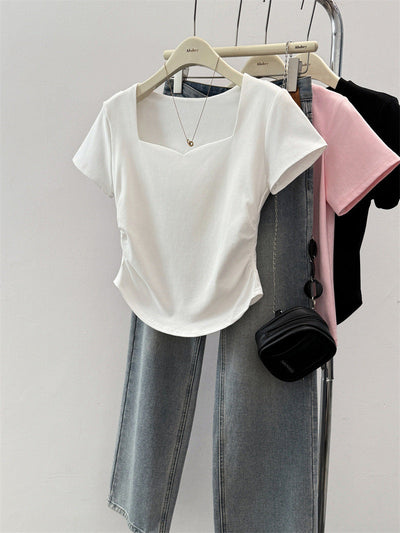 Damen Kurzarm Quadrat-Ausschnitt Raffung T-Shirt Heidi-Mode