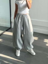 Damen Bequeme Weite Hose Mit Elastischem Bund – Locker Geschnittene Hose in Hellgrau