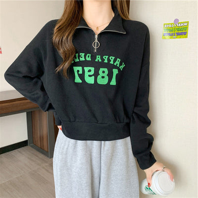 Femme Halb-Reißverschluss Freizeit Pullover Sweatshirt mit Vintage-Druck Heidi-Mode