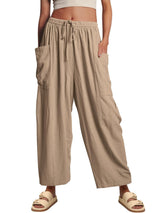 Damen nan weite Palazzohose aus leichtem Leinenmix mit Tunnelzug und seitlicher Tasche Drune in Khaki
