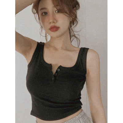 Femme Rippene Knopfen-Front Gekürztes Tanktop Heidi-Mode