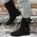 Damen nan lässiger mittlerer Schaftstiefel mit weichem Slouch-Effekt, dekorativen Schnallenriemen und robustem Blockabsatz Drune in Schwarz