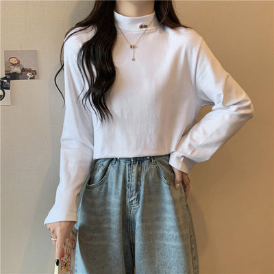 Damen Hoher Kragen Langarmtop aus weichem Stoff Heidi-Mode