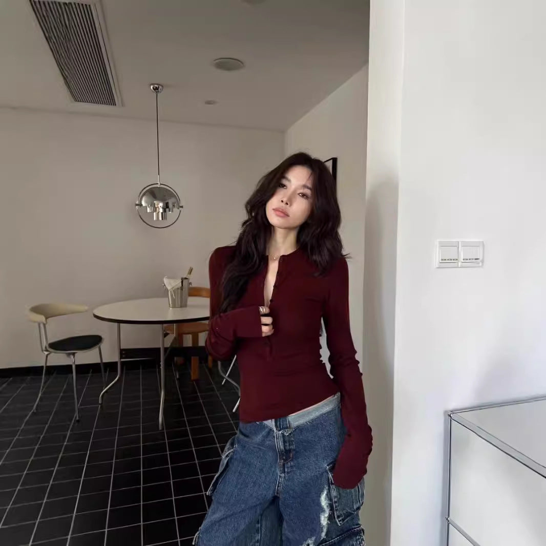 Damen Langarm Button-Up Henley Top mit Daumenlöchern und Hochbund-Sweatpants Heidi-Mode