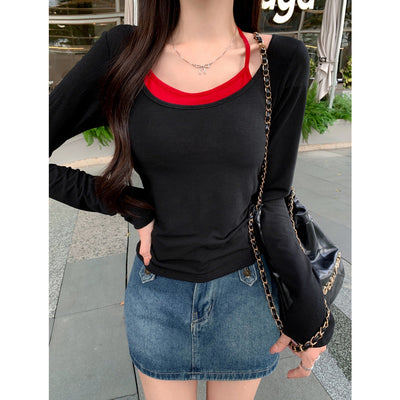 Damen Langarm-Layered-Top mit stilvollem Ausschnitt-Detail Heidi-Mode