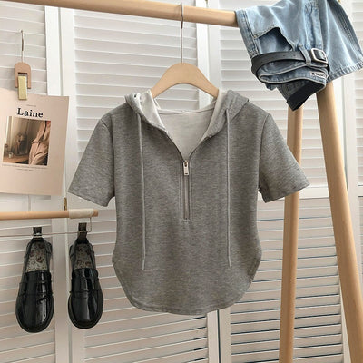 Femme Leichtgewicht Halb-Reißverschluss Hoodie mit kurzen Ärmeln Heidi-Mode