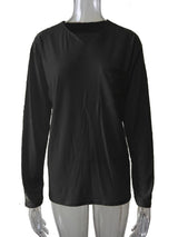 Damen nan legeres Langarmshirt mit V-Notch-Ausschnitt, Brusttasche und lockerer Oversize-Passform Drune in Schwarz - Langarm mit Tasche