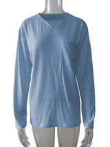 Damen nan legeres Langarmshirt mit V-Notch-Ausschnitt, Brusttasche und lockerer Oversize-Passform Drune in Hellblau, Langarm, Mit Tasche