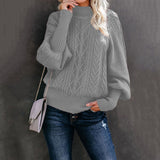 Damen nan Zopfmuster-Strickpullover mit Rollkragen und Ballonärmeln Drune in Hellgrau