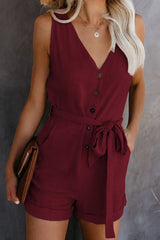 Damen Ärmelloser Knopf Playsuit – Sommer Jumpsuit Mit Gürtel in Rot