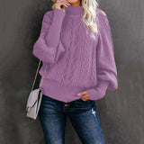 Damen nan Zopfmuster-Strickpullover mit Rollkragen und Ballonärmeln Drune in Violett