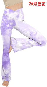 Damen nan taillenhohe Yogahose mit überkreuztem Bund und ausgestelltem Saum mit Schlitz Drune in Tie-Dye Lila