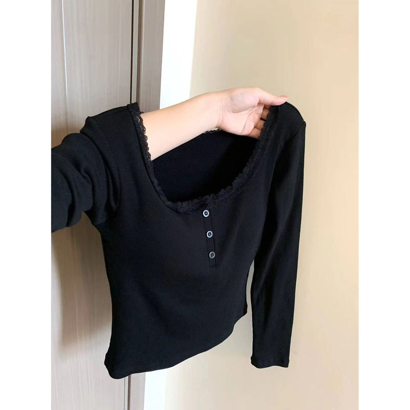 Femme Langarm-Spitzenbesetztes Ripp-Top Heidi-Mode