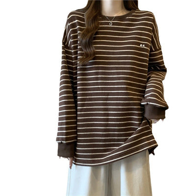 Femme Relaxed Gestreifter Rundhalsausschnitt Sweatshirt Heidi-Mode