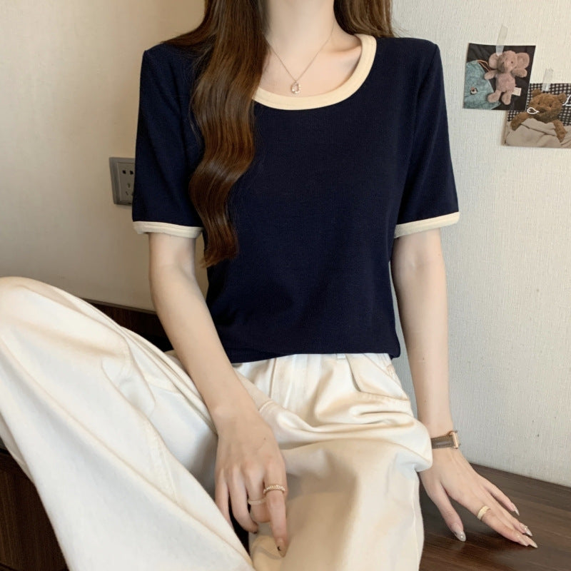 Damen Kurzarm T-Shirt mit Kontrastbesatz Heidi-Mode