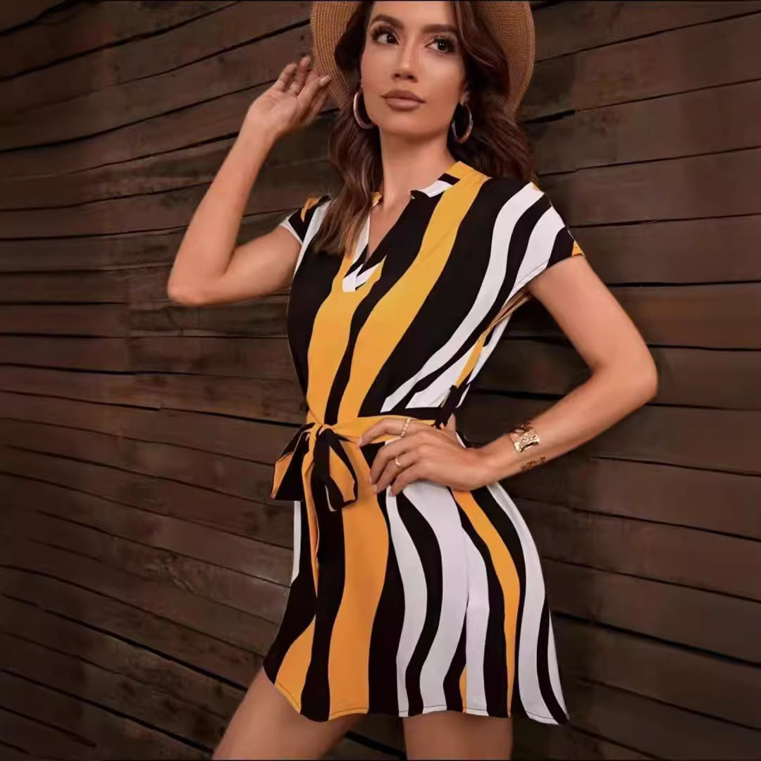 Leonora - Träger V-Ausschnitt gestreifter Mittelkleid