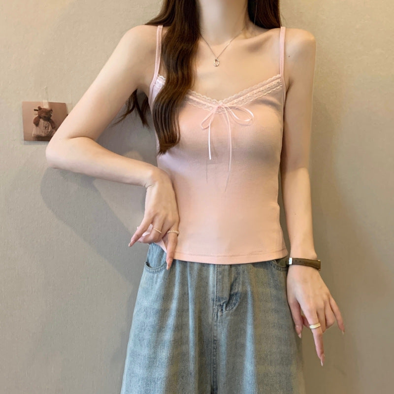 Damen Spaghetti-Träger Strickoberteil mit Schleifendetail Heidi-Mode