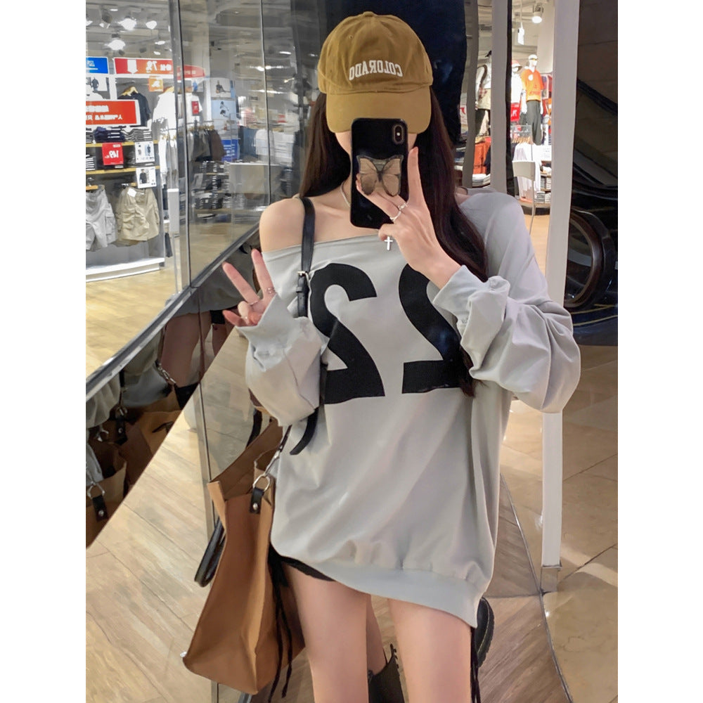 Damen Off-Shoulder Übergröße Sweatshirt mit fettem Grafikdruck Heidi-Mode