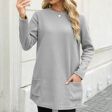 Damen nan legeres Fleece-Tunika-Kleid mit Rundhalsausschnitt und aufgesetzten Taschen Drune in Grau