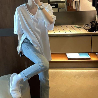 Femme Übergrößen Pocket Detail Baumwoll-T-Shirt Heidi-Mode