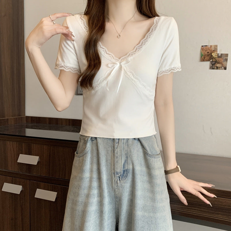 Damen Spitzenbesetztes V-Ausschnitt-Oberteil mit Schleifendetail Heidi-Mode