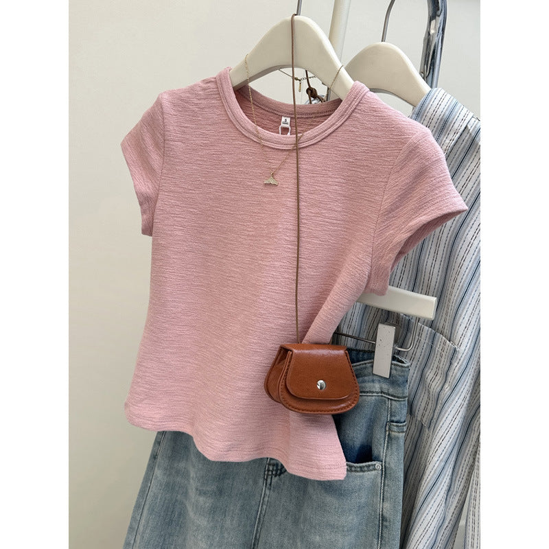 Femme Kurzarm Texturiertes T-Shirt mit Gekürzter Silhouette Heidi-Mode