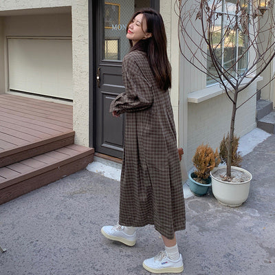 Damen Langarm Gingham Maxi Kleid mit verstellbarem Bund Heidi-Mode