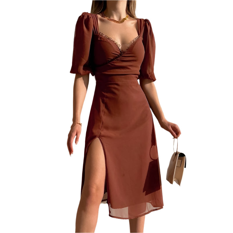 Siena - Puffärmel und tiefer V-Ausschnitt Maxikleid