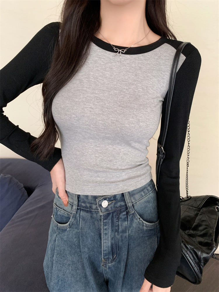 Damen Langarm-Ripp-Top mit Kontrastärmeln Heidi-Mode