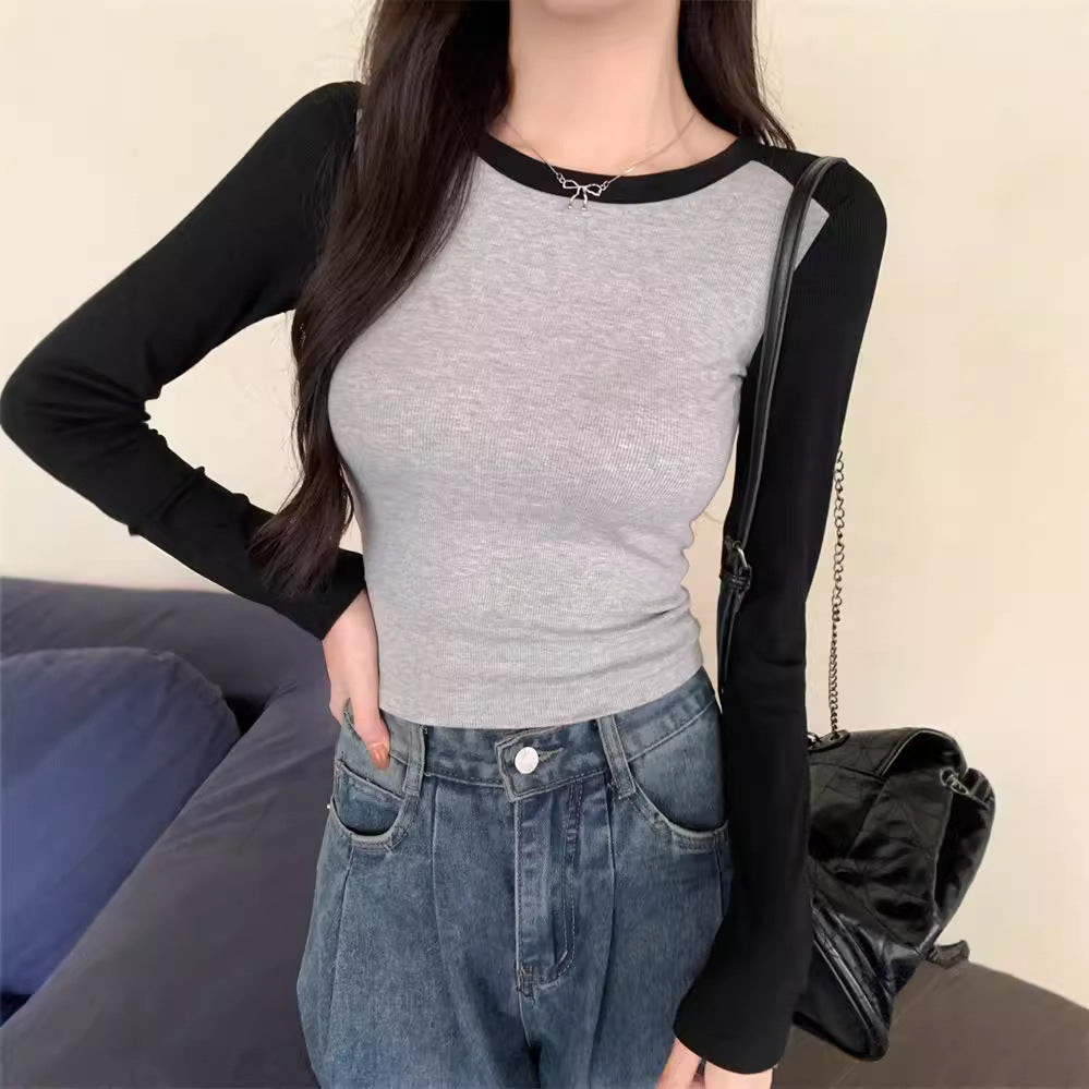 Damen Langarm-Ripp-Top mit Kontrastärmeln Heidi-Mode