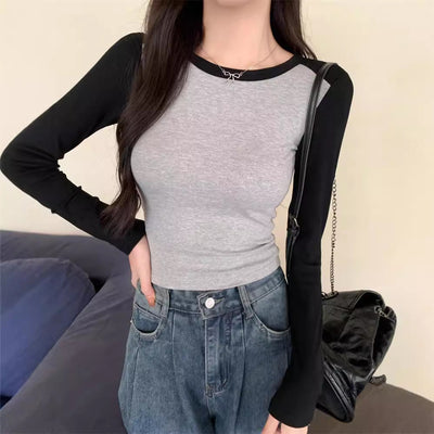 Damen Langarm-Ripp-Top mit Kontrastärmeln Heidi-Mode