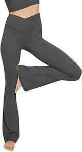 Damen nan taillenhohe Yogahose mit überkreuztem Bund und ausgestelltem Saum mit Schlitz Drune in Dunkelgrau