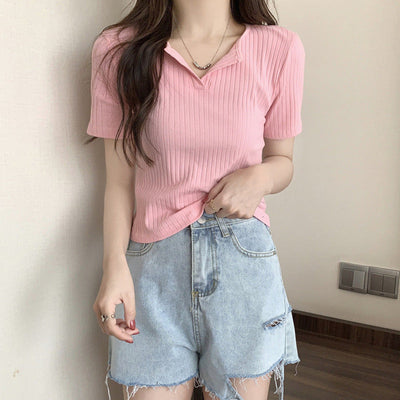 Femme Ripp Kurzarm Knopf-Oberteil Heidi-Mode