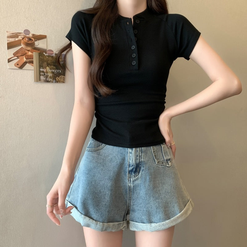 Femme Rippstruktur Knopf-Oben Kurzarmtop Heidi-Mode