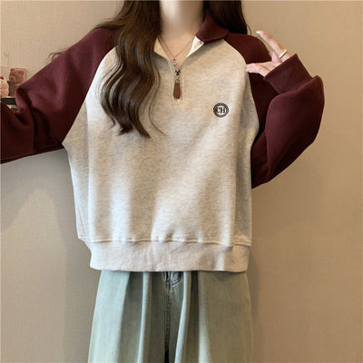 Femme Halber Reißverschluss Pullover Sweatshirt mit Farbkontrastärmeln Heidi-Mode