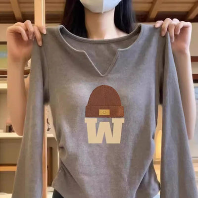 Damen Langarm Grafik-Top mit einzigartigem Beanie-Design Heidi-Mode