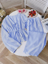 Damen nan gestreiftes Leinenähnliches Homewear-Set mit gerafftem Tunnelzugoberteil und elastischer Bundhose Drune in Blau