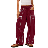 Damen nan weite Lounge-Hose mit Kordelzug, Kontrastpaspelierung und Cargo-Taschen Drune in Weinrot