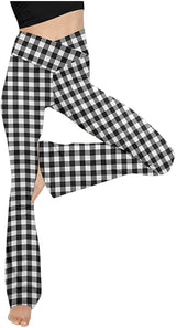 Damen nan taillenhohe Yogahose mit überkreuztem Bund und ausgestelltem Saum mit Schlitz Drune in Klein-Kariert Schwarz-Weiß