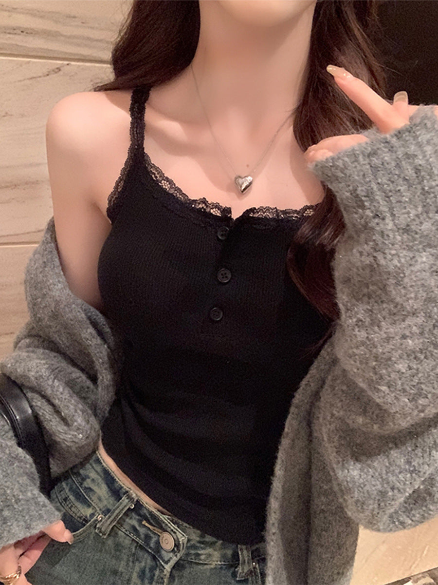 Femme Spitzenbesetzte Knopfverschluss-Camisole Top Heidi-Mode