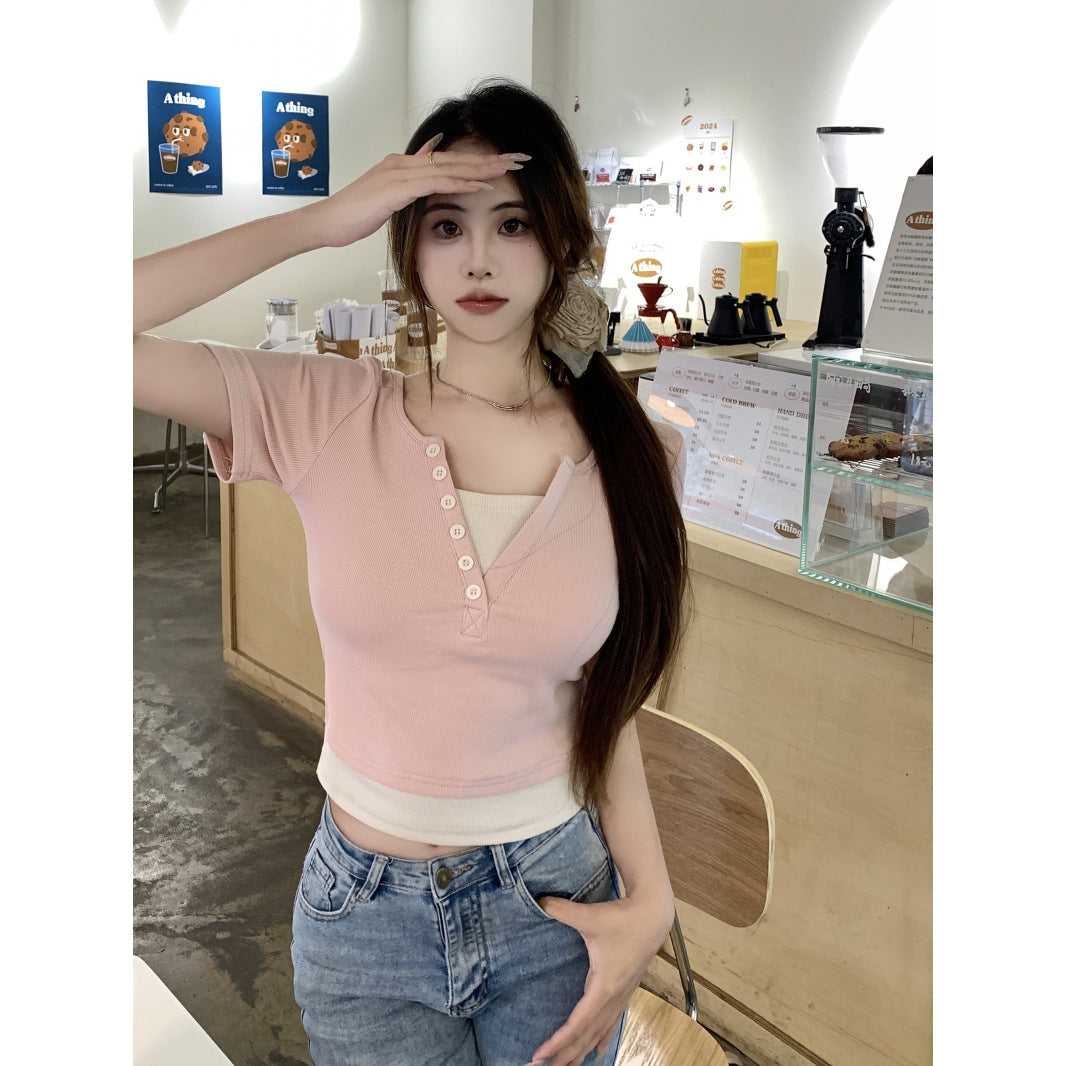 Femme Ripp-Crop-Top mit Knopfdetail Heidi-Mode