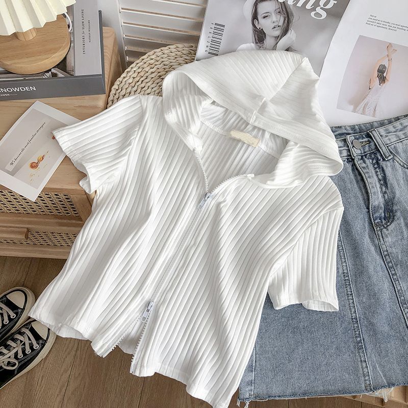 Damen Kurzarm Kapuzen Zip-Up Oberteil mit Ripptextur Heidi-Mode