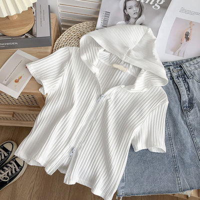 Damen Kurzarm Kapuzen Zip-Up Oberteil mit Ripptextur Heidi-Mode