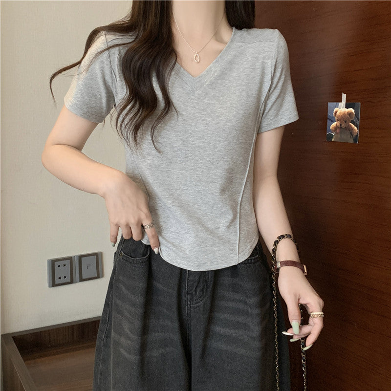 Femme Kurzarm V-Ausschnitt Basic T-Shirt Heidi-Mode