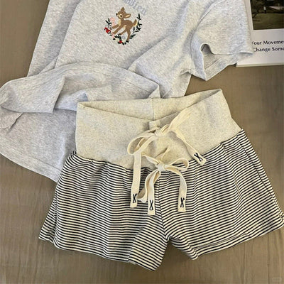 Damen Hochtaillierte Gestreifte Lounge-Shorts mit Verstellbarem Kordelzug Heidi-Mode