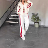 Damen nan athletisches Zweiteiler-Set aus French Terry mit Reißverschluss Cropped Jacke und weitem Highwaist Jogger Drune in Weiß